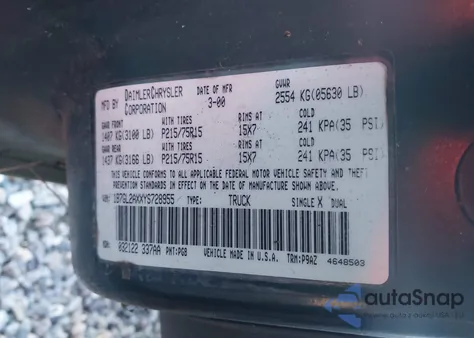 2000 Dodge Dakota Slt/Sport z USA, uszkodzony, nr VIN 1B7GL2AXXYS728955